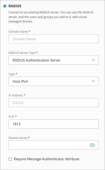 Screen shot of the Add servers settings, with RADIUS selected