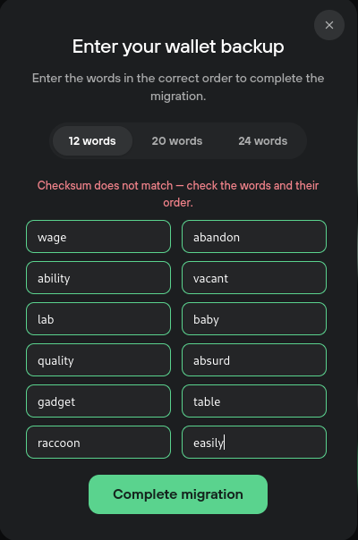 Fake Trezor phishing page prompting users to enter a 12-word wallet backup seed phrase and showing a checksum error during a fraudulent wallet migration.
