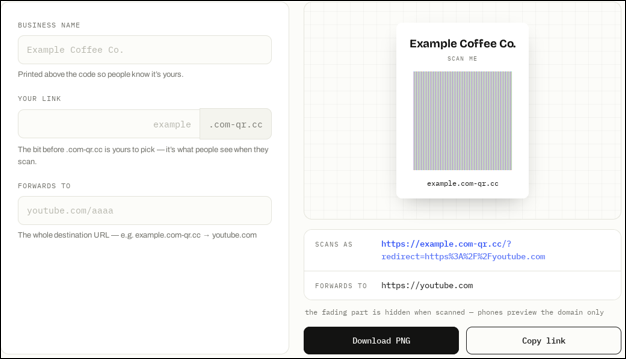Fake QR code generator interface used in a phishing campaign to create branded QR codes and redirect users to malicious Trezor-related URLs.