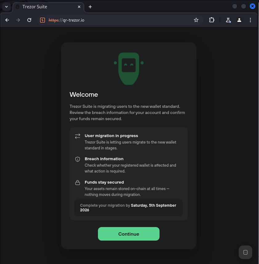 Fake Trezor Suite phishing page hosted at qr-trezor.io, showing a wallet migration prompt without a personalized URL parameter.