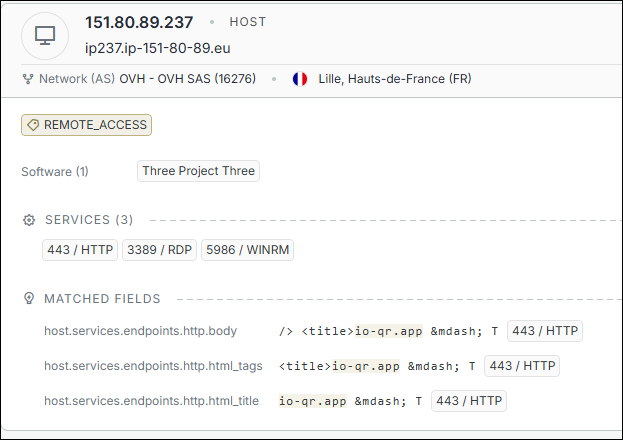 Censys scan showing IP address 151.80.89.237 on an OVH network in Lille, France, hosting services linked to Trezor phishing infrastructure.