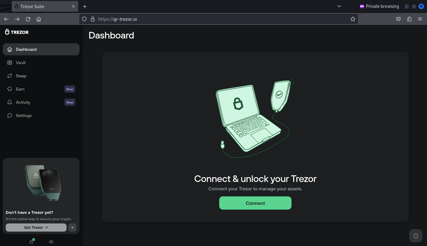 Fake Trezor Suite dashboard hosted at qr-trezor.io, prompting users to connect and unlock a Trezor wallet as part of a phishing campaign.