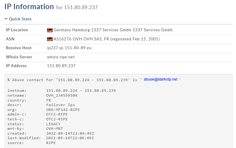 WHOIS and IP information for 151.80.89.237 showing OVH-hosted infrastructure in Germany associated with the Trezor phishing campaign.