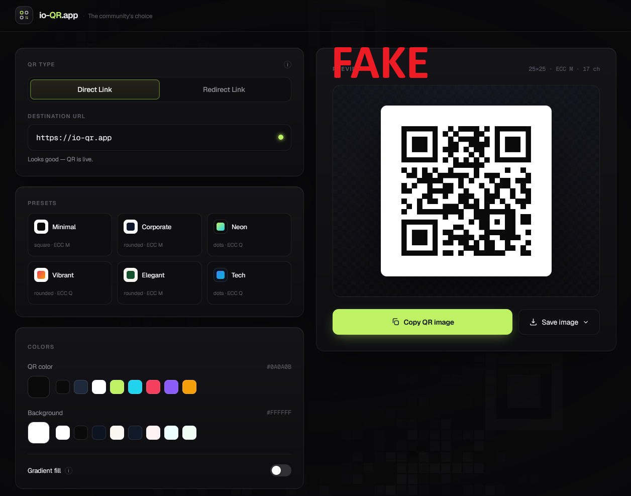 Fake io-QR.app QR code generator interface used in a phishing campaign to create malicious redirect links and QR codes.