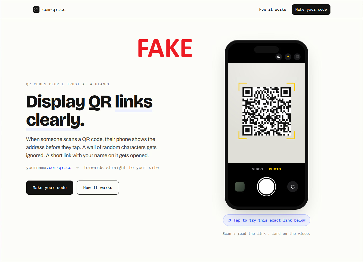 Fake com-qr.cc QR code website used in a phishing campaign to disguise malicious redirect links behind seemingly legitimate QR codes.