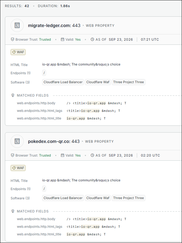 Censys search results showing domains linked to fake io-qr.app infrastructure, including migrate-ledger.com and pokedex.com-qr.co, used in phishing campaigns.