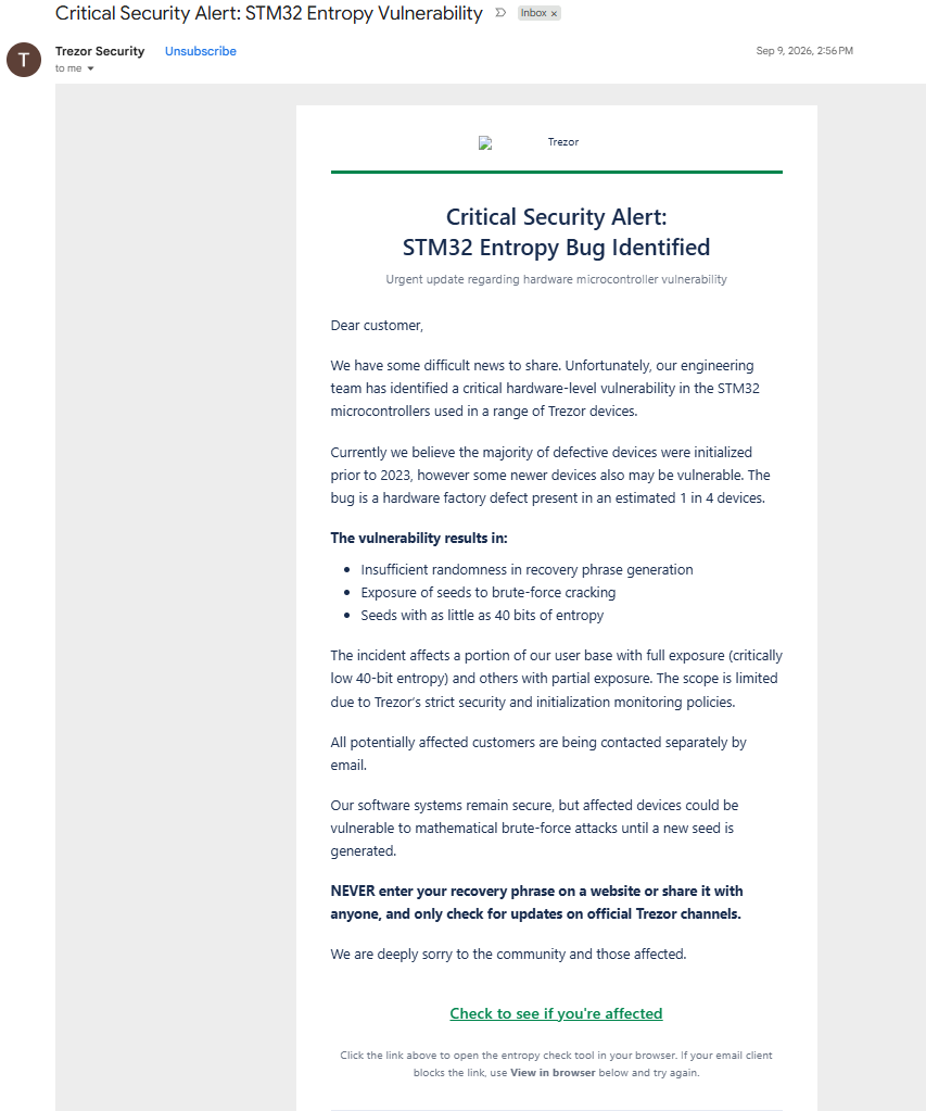 Trezor phishing email warning of a fake STM32 entropy vulnerability and urging users to check whether their cryptocurrency wallet is affected.