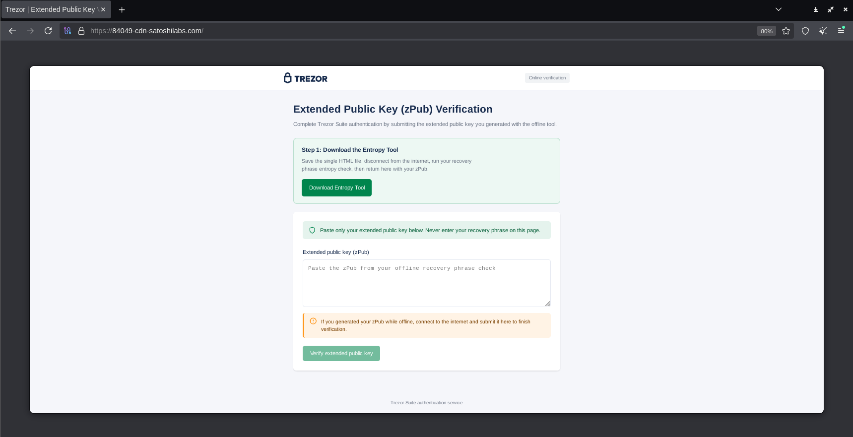 Fake Trezor extended public key verification page prompting users to download an entropy tool and submit a zPub as part of a phishing campaign.