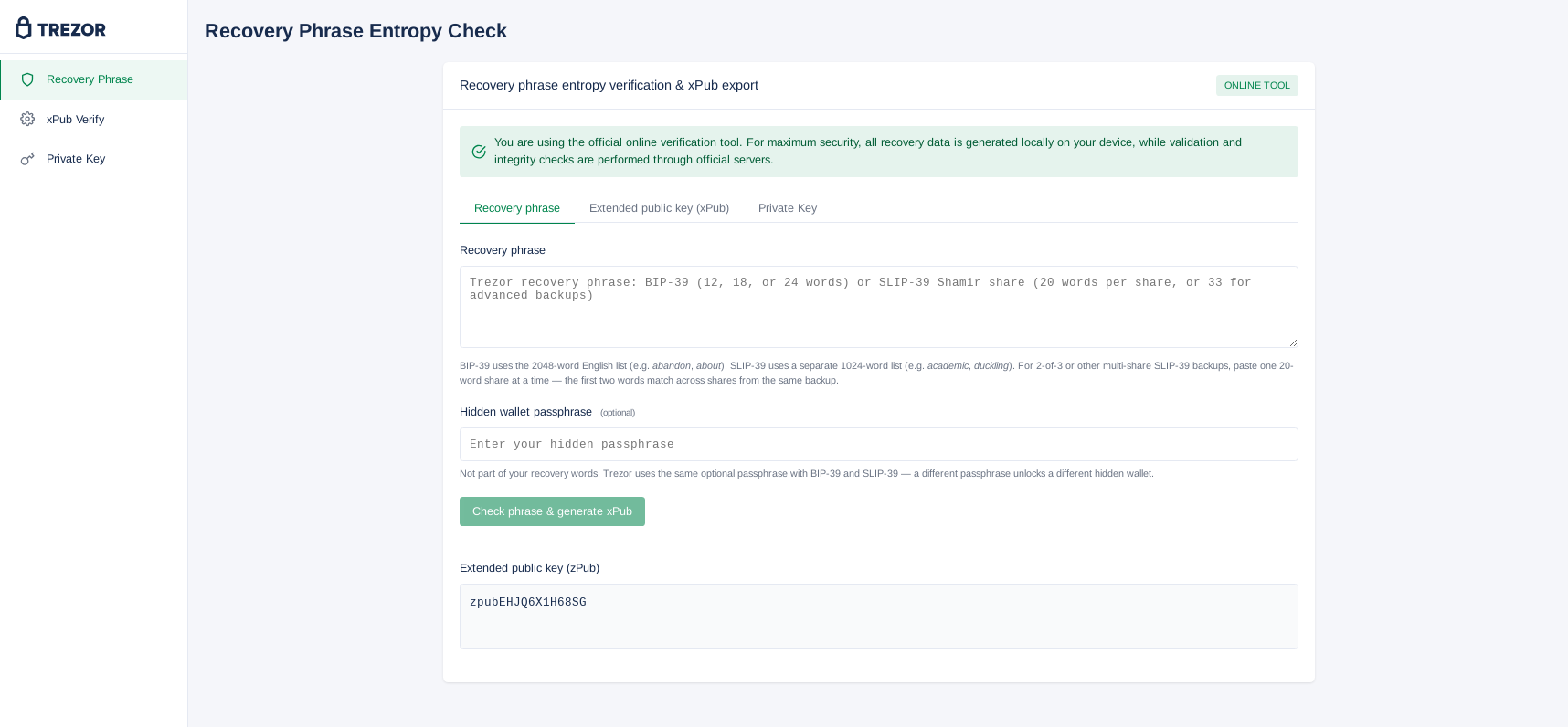 Fake Trezor recovery phrase entropy check page prompting users to enter a wallet recovery phrase, passphrase, and generate a zPub as part of a phishing campaign.