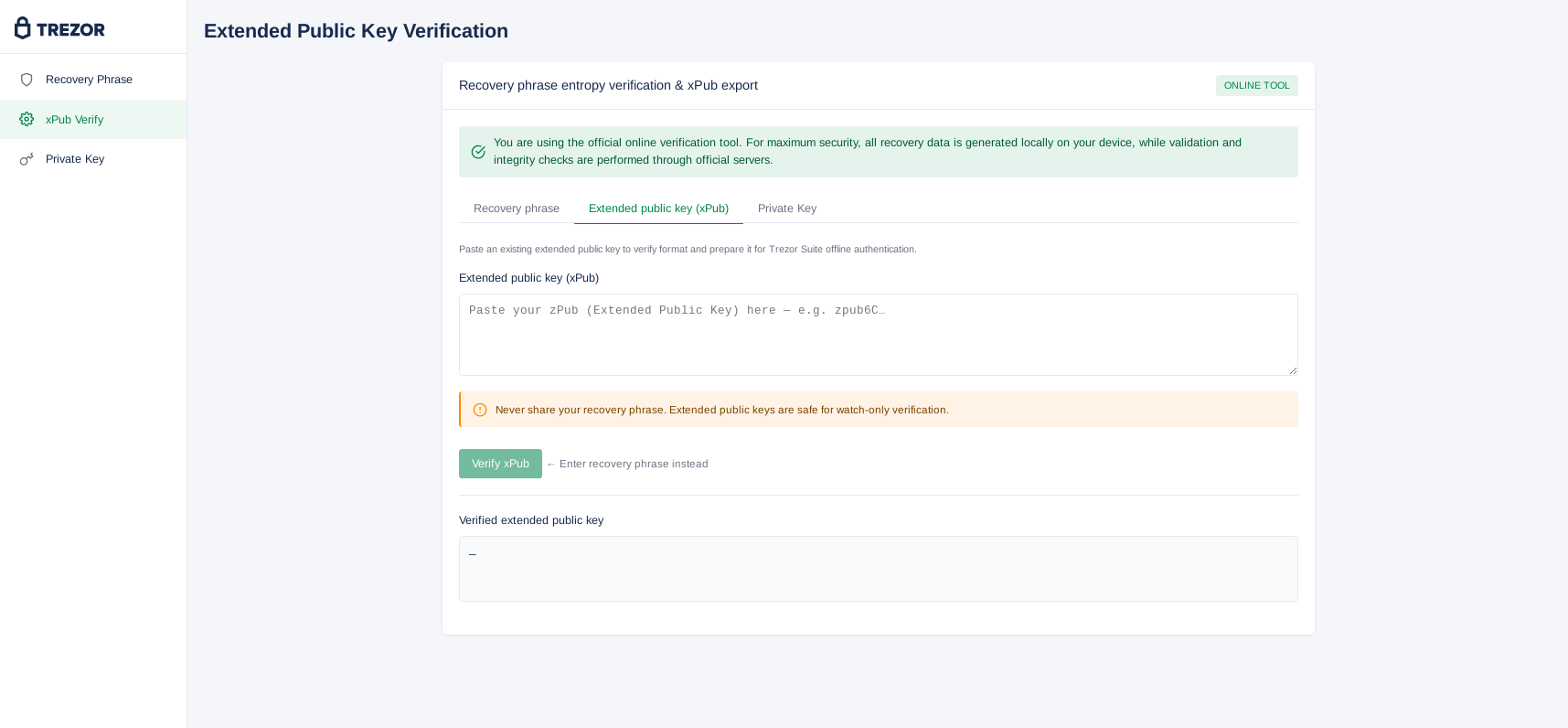 Fake Trezor extended public key verification page prompting users to enter a zPub as part of a phishing campaign targeting cryptocurrency wallet users.