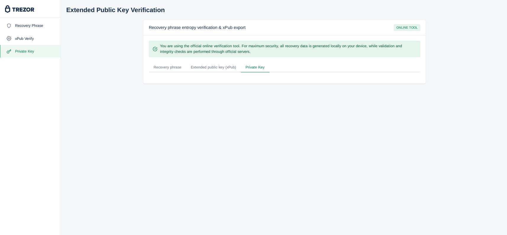 Fake Trezor verification interface showing a Private Key tab as part of a phishing page designed to imitate legitimate wallet security tools.
