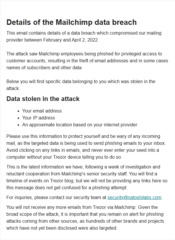 Trezor email detailing the 2022 Mailchimp data breach that exposed customer email addresses, IP addresses, and approximate locations.