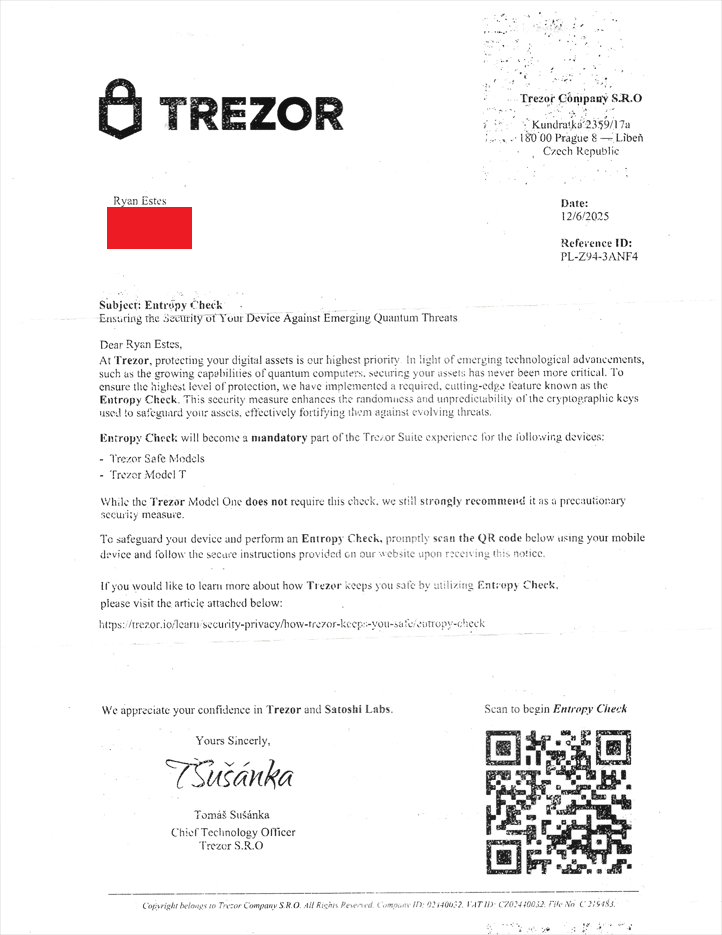 Fake Trezor security letter promoting an entropy check with a QR code, used in a phishing campaign targeting cryptocurrency wallet users.
