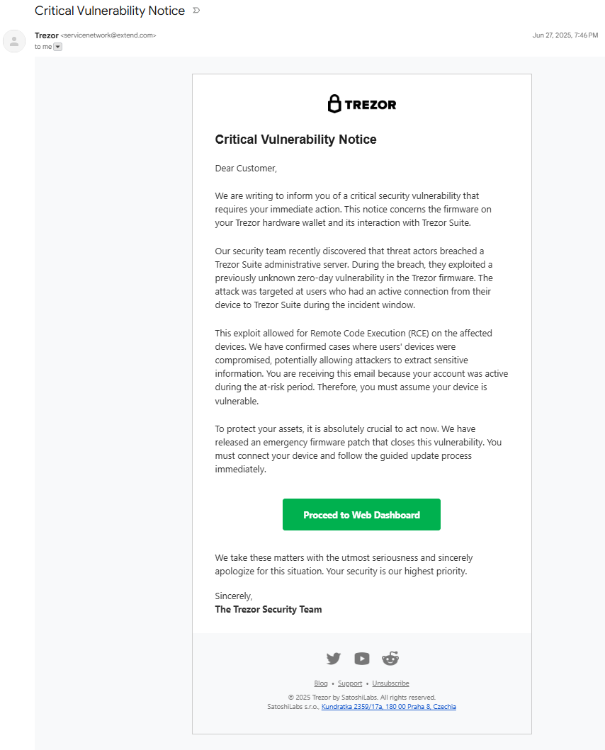 Fake Trezor critical vulnerability phishing email warning of a firmware security flaw and urging users to proceed to a web dashboard for an emergency update.