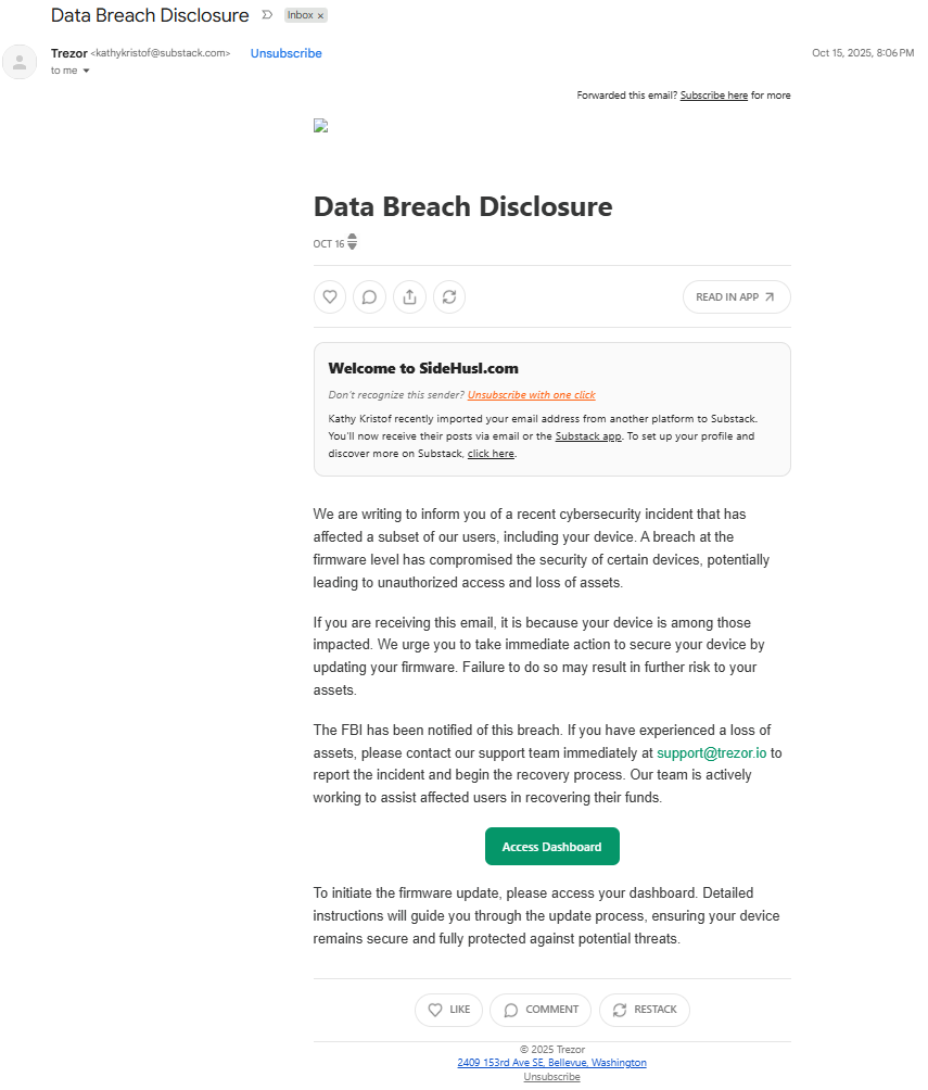 Fake Trezor data breach disclosure phishing email sent through Substack, urging users to access a dashboard and update their wallet firmware.