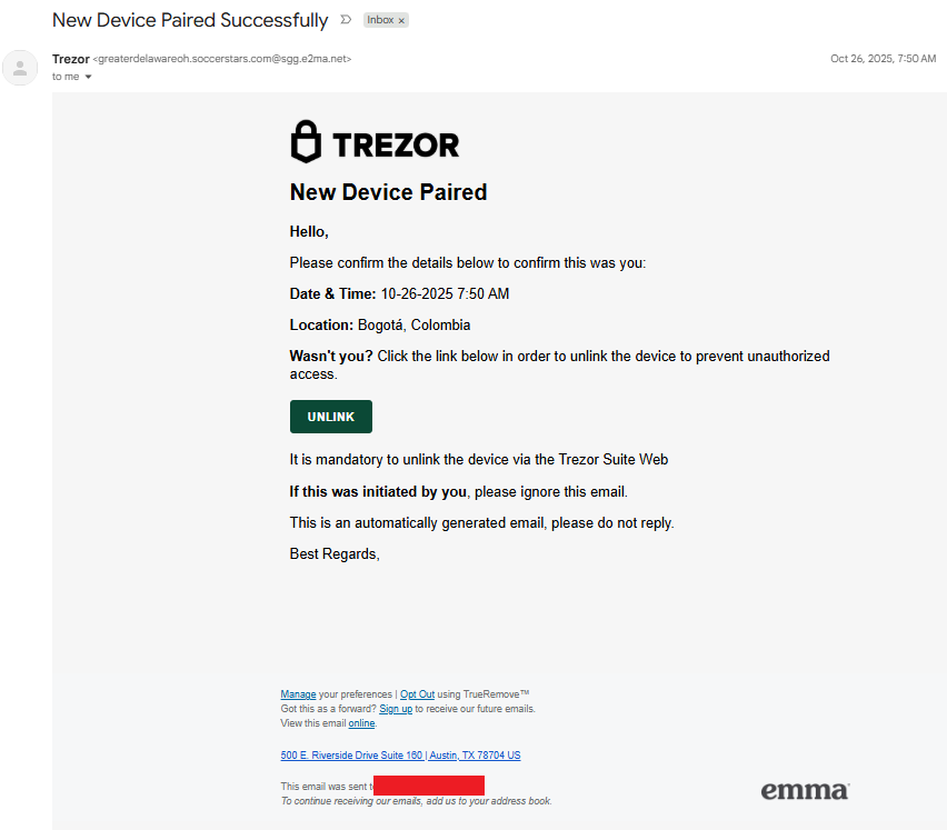 Fake Trezor phishing email claiming a new device was paired in Bogotá, Colombia, and urging the user to unlink it through a fraudulent Trezor Suite web page.