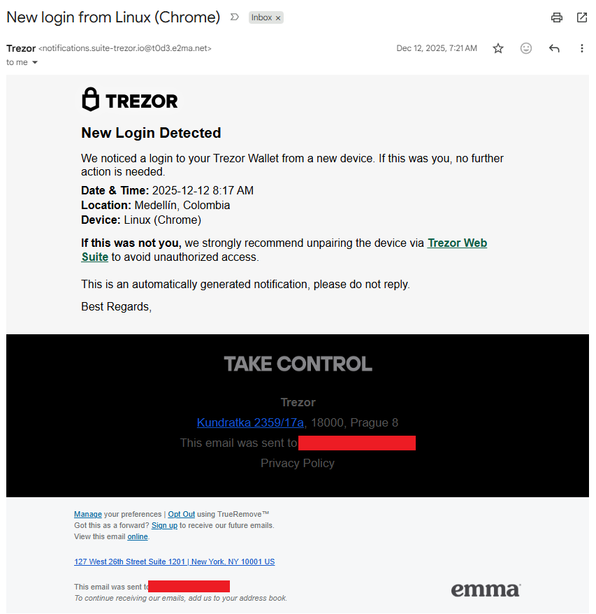 Fake Trezor phishing email warning of a new Linux Chrome login from Medellín, Colombia, and urging the user to unpair the device through a fraudulent Trezor Web Suite link.