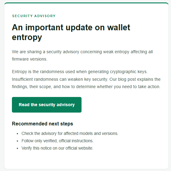Trezor-style security advisory warning about weak wallet entropy and urging users to review affected firmware versions and follow verified instructions.
