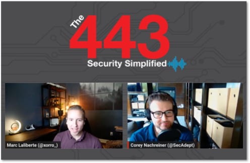 The 443 Podcast logo with video stills of Marc and Corey underneath
