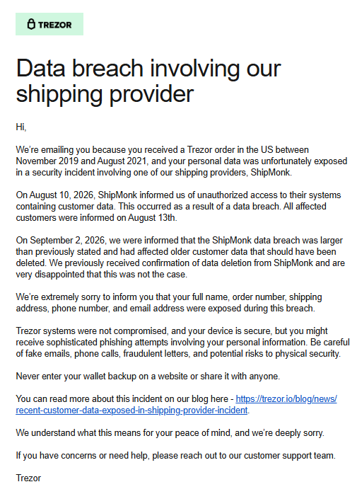 Trezor data breach notification email informing customers that personal information was exposed in a ShipMonk third-party shipping provider breach.