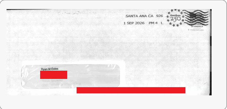 Envelope addressed to Ryan Estes and postmarked in Santa Ana, California, connected to a Trezor phishing campaign following a third-party data breach.