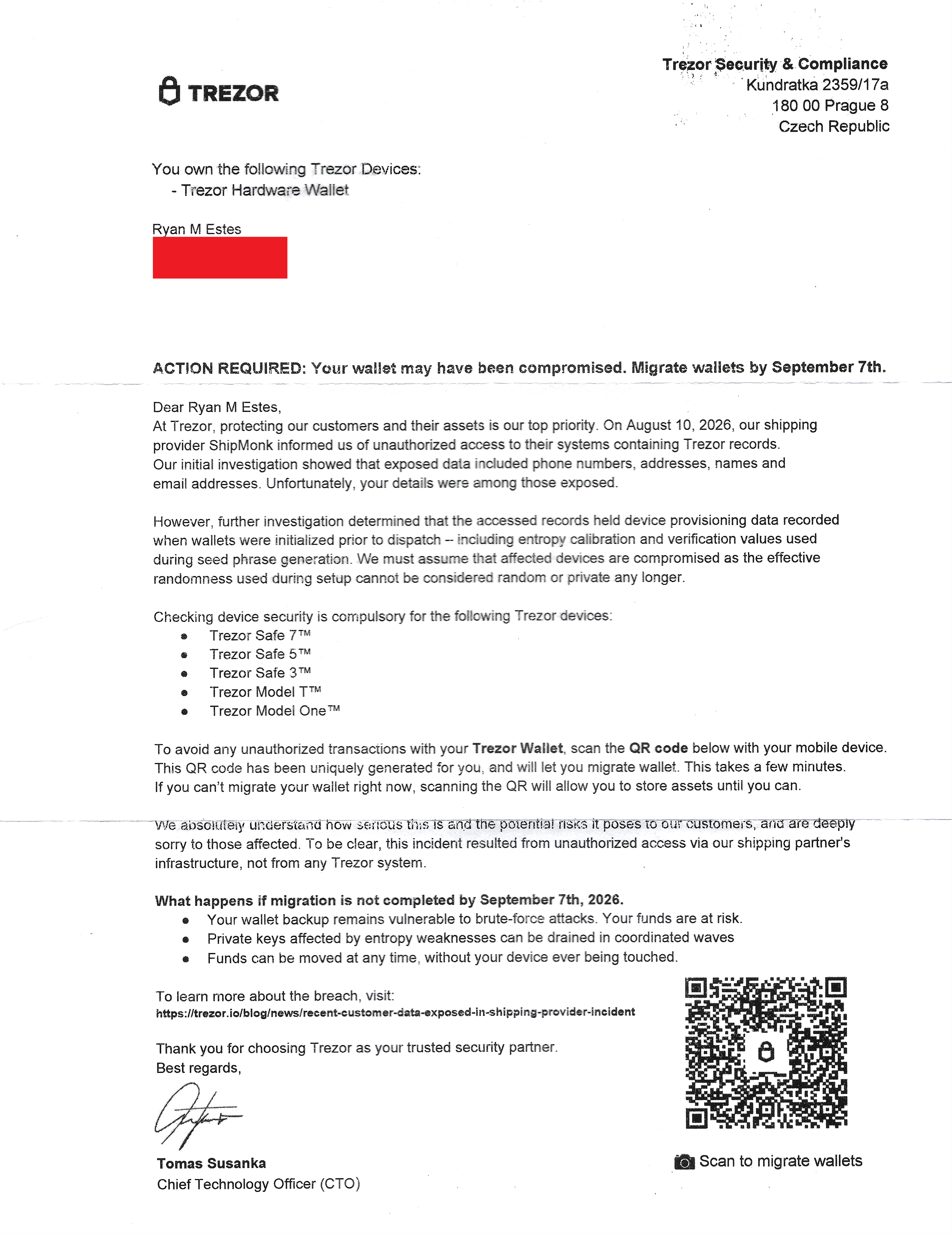 Fake Trezor security letter warning that a wallet may be compromised after the ShipMonk data breach and urging the recipient to scan a QR code to migrate funds.
