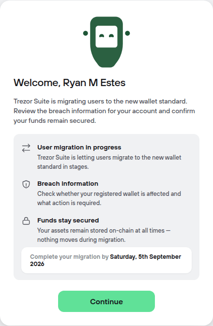 Fake Trezor Suite phishing page personalized with Ryan Estes’ name, prompting a wallet migration after a supposed data breach.