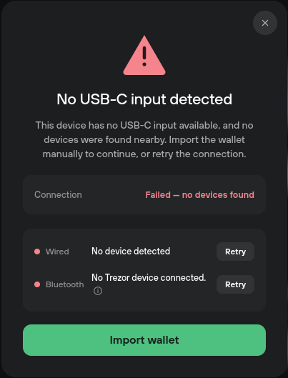 Fake Trezor phishing page showing a “No USB-C input detected” warning and prompting the user to import a cryptocurrency wallet.