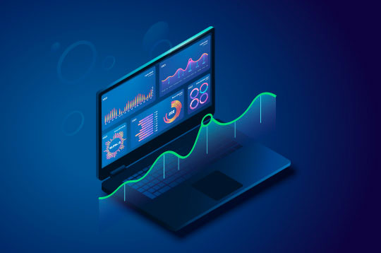 Laptop with graph illustration coming up from the keyboard