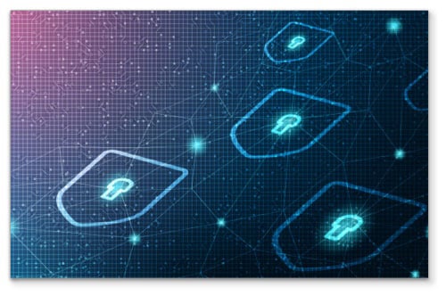 Glowing shield icons with bright blue keyholes in their centers