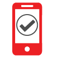 Red phone with a gray checkmark in a circle on a white screen