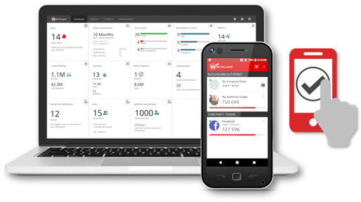 WatchGuard AuthPoint on laptop and desktop screens next to the AuthPoint red phone icon
