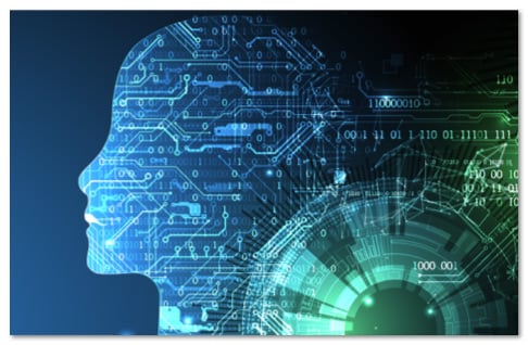 Profile of a head made out of a circuit board pattern in glowing blue lines