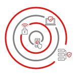 Icon with red and gray concentric circles illustrating layers of security working together