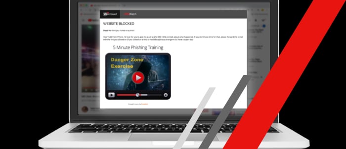 Open laptop with phishing training triggered by DNSWatchGO showing in a popup window