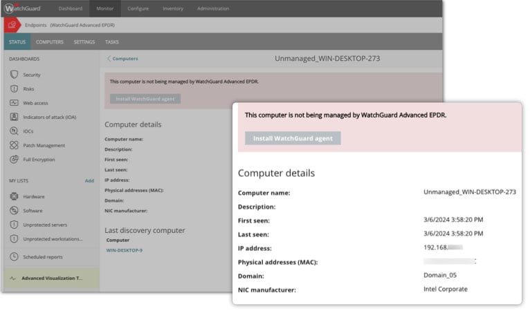 Detail zoom of endpoint device management status in WatchGuard Cloud