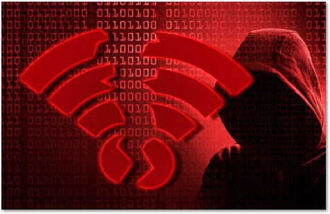 Red shadowed figure in a hoodie with a broken red wi-fi icon in front 