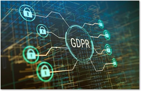 circuit board pattern with lit up lock icons connecting to a center circle with GDPR inside