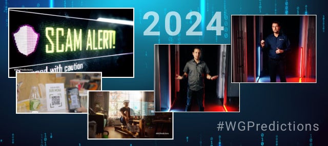 WatchGuard's 2024 Cybersecurity Prediction video screenshots on a blue underwater background