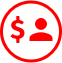 Círculo vermelho contendo um ícone vermelho de cifrão e uma pessoa