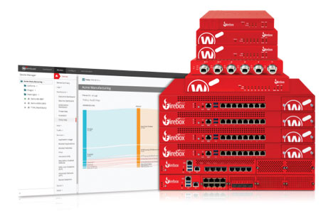 Stack of Red Fireboxes in front of a WatchGuard Cloud screen