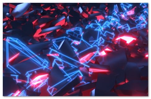 Glowing angular lines of blue light in a landscape of red and black shapes