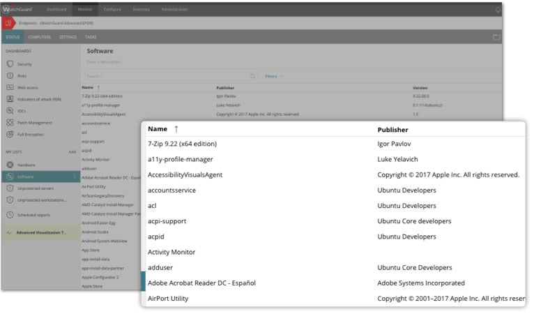 Detail enlargement of a software inventory dashboard in WatchGuard Cloud