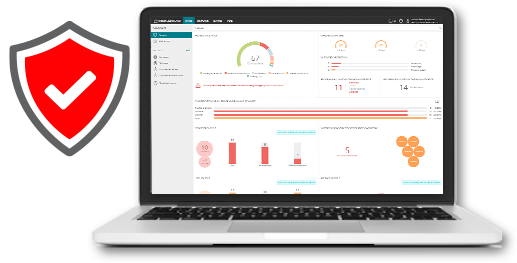 Red shield with white checkmark on the front next to a laptop showing charts and network data