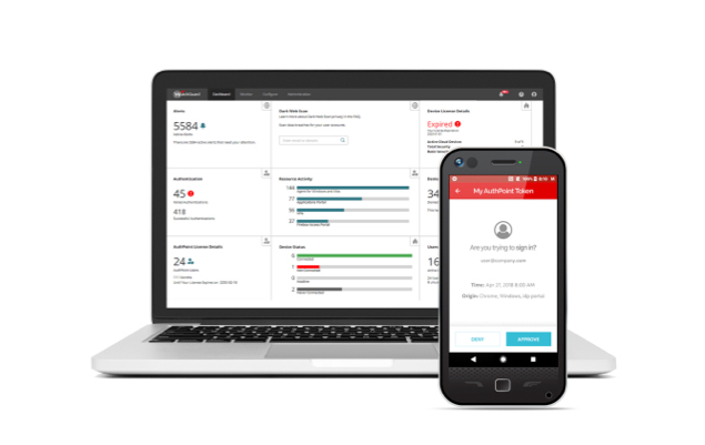 Mobile phone and laptop showing WatchGuard AuthPoint screens