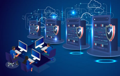 Illustration of a SOC with shield icons in front of server racks