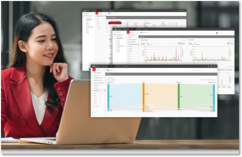 Woman in a red blazer looking at a laptop with WatchGuard Cloud screens in front