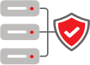 Rack de servidores com um escudo vermelho à direita, com uma marca de verificação branca nele
