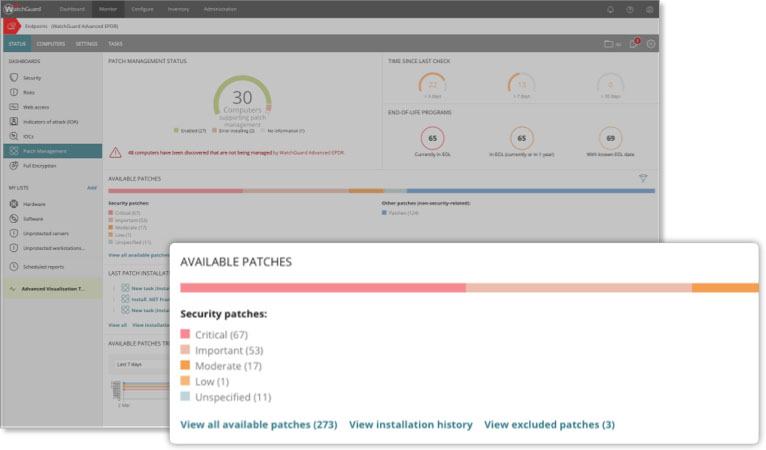 Enlarged patch management screen showing available patches and their severity